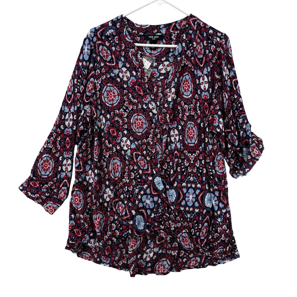 Nine West Jeans Blouse Womens Large Blue Red Floral Roll Tab Sleeve Tunic Top